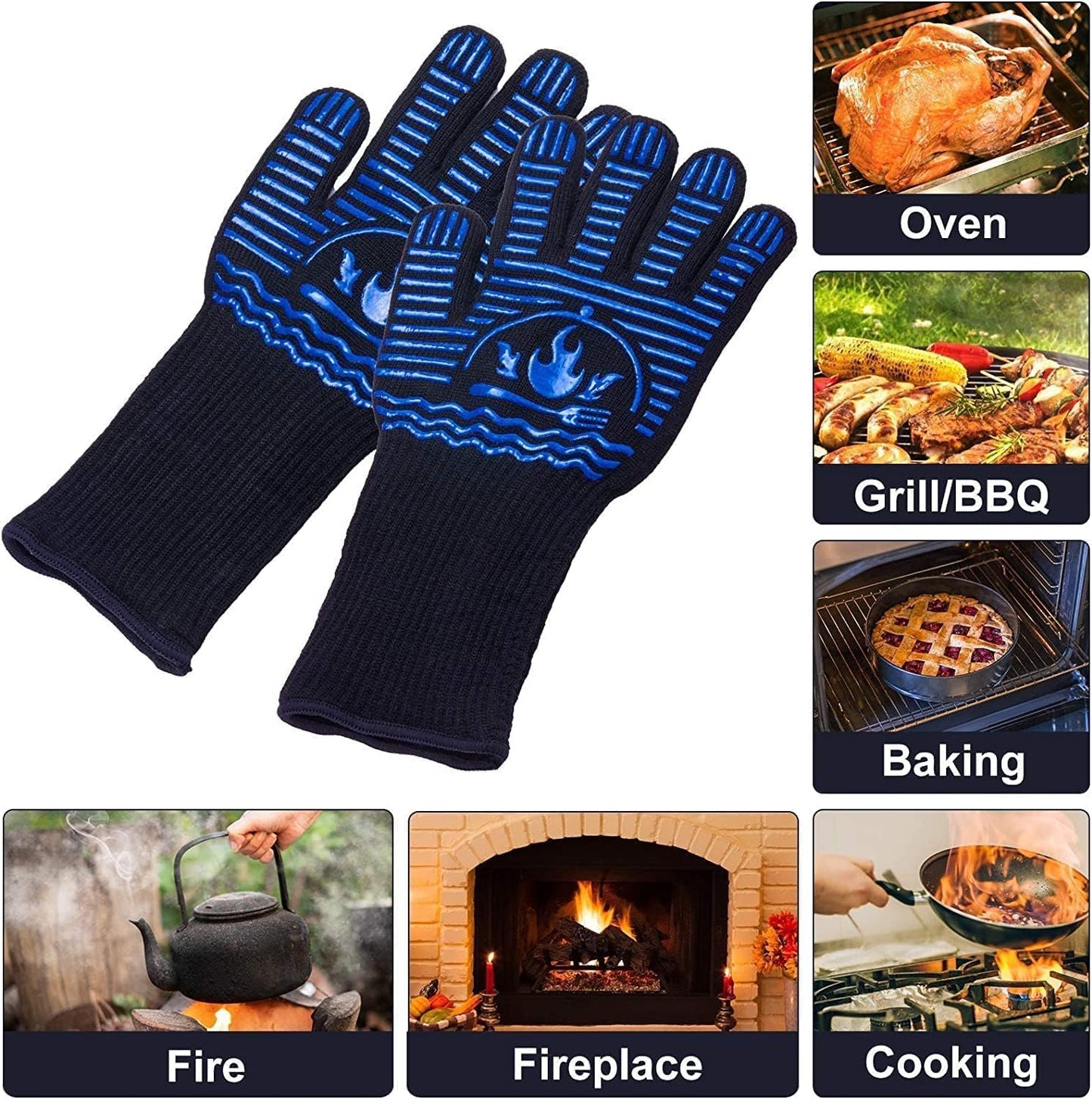BBQ Gloves, 1472°F Extreme Heat Resistant Grill Gloves, Non-Slip Food Grade Silicone Oven Mitts Gloves for Kitchen, Cooking, Barbecue, Baking, Smoker (14inch)