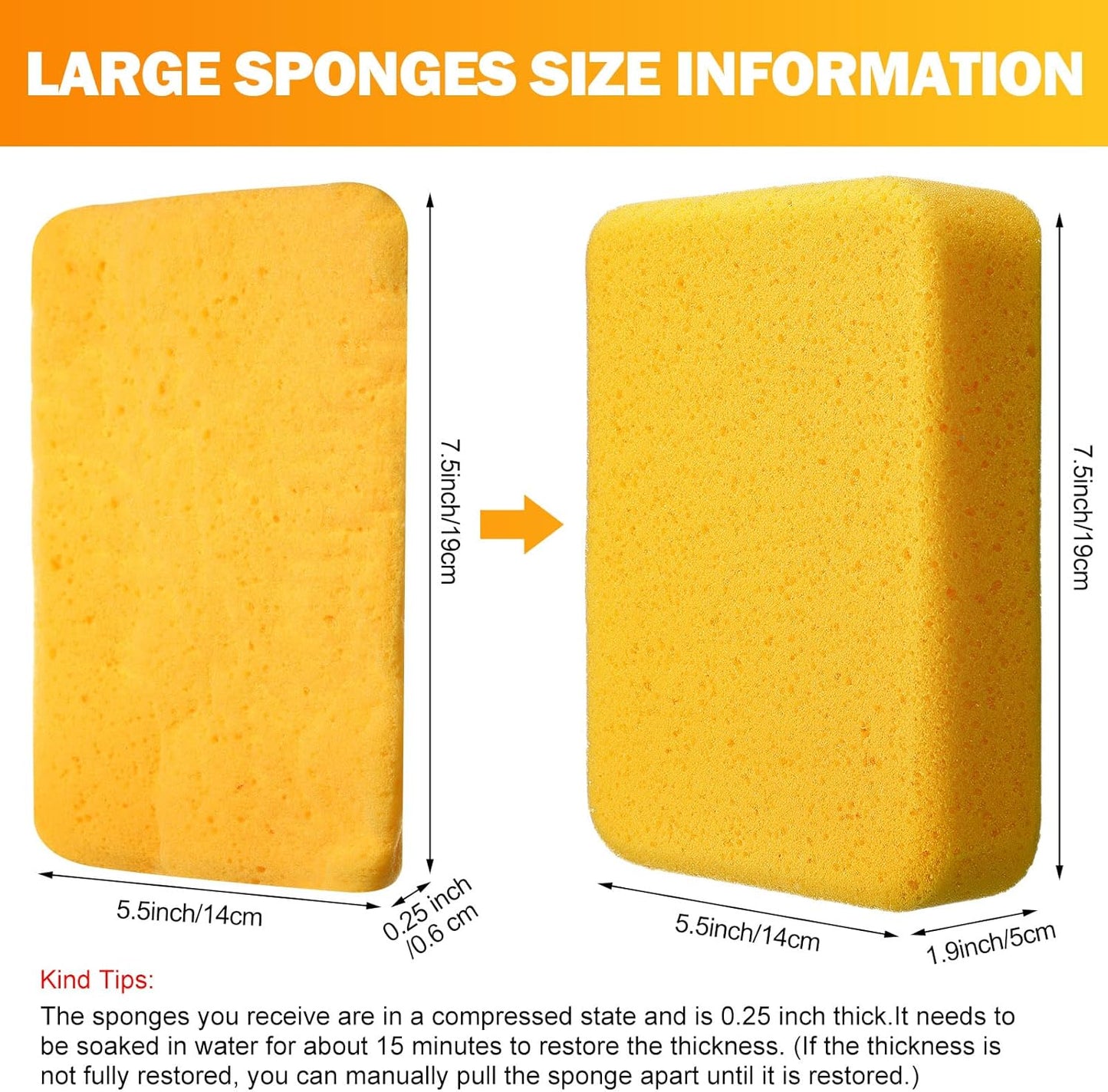 Tioncy 12 Pcs Large Sponges Bulk 7.5 x 5.5 x 1.9 Inch Grouting Car Wash Foam Cleaning and Washing Sponge Commercial Foam Large All Purpose for Cleaning Dishes Car Tile Bike (Yellow)