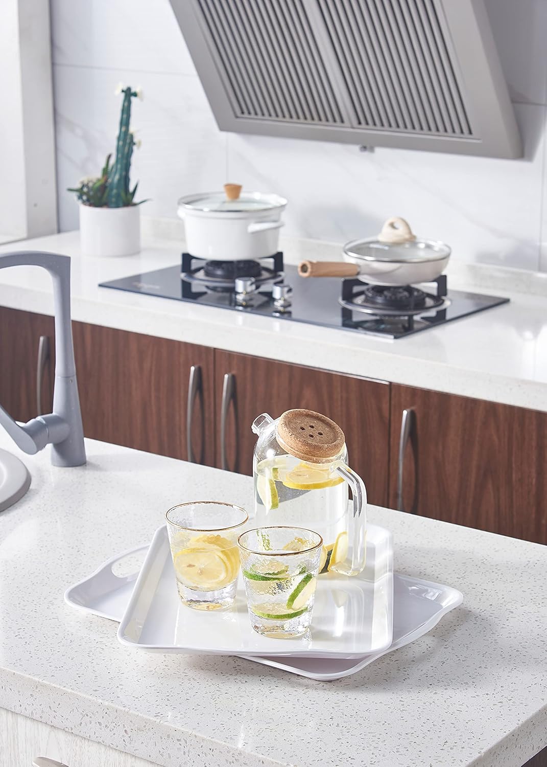 Blue Boat 16.5" x 11.5" Serving Trays Set of 2 White, Dinner Tray, Light Weight Easy to Clean Sturdy Stackable Melamine Serving Tray with Handle, Fruit, Snacks, and Desserts Trays