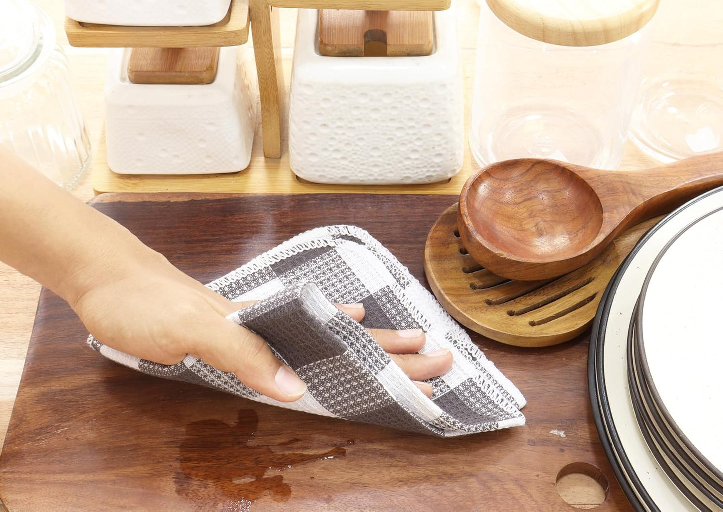 Waffle Weave Plaid Dish Cloths, 100% Cotton - 12 x 12 Inches, Ultra Soft Absorbent Quick Drying Dish Towels Buffalo Check Dish Rags for Kitchen, 6 Pack - Spring Summer - Steel Grey and White