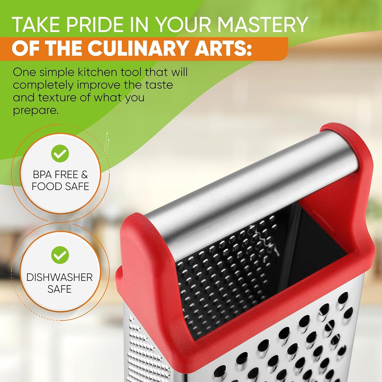 Spring Chef Professional Cheese Grater - Stainless Steel 4 Sided Box Grater for Kitchen, XL Size - Perfect Shredder for Parmesan Cheese, Carrot, Potato, Ginger - Dishwasher Safe - Red