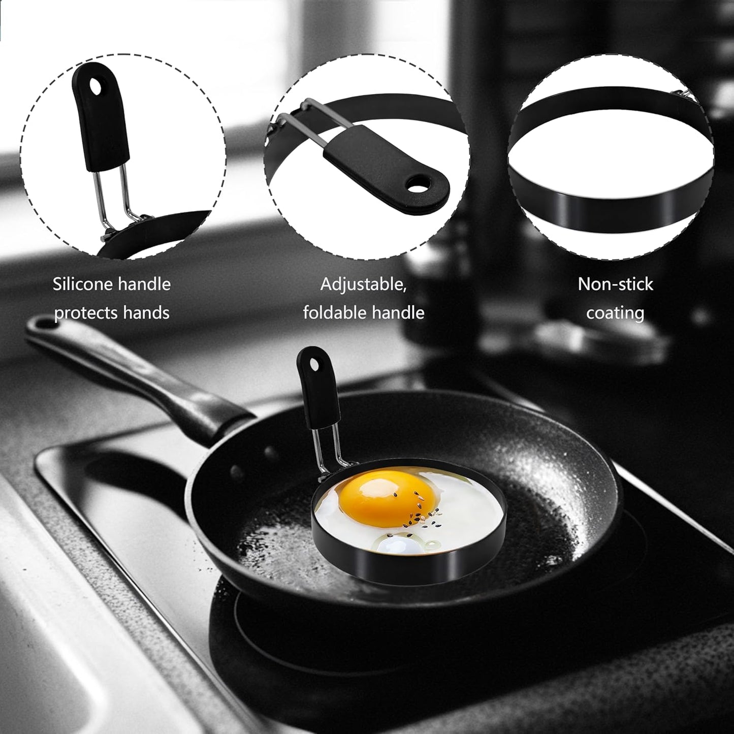 4 packs 3.5'' Egg Rings Set with Silicone Handle, Stainless Steel Egg Cooking Rings,Nonstick，For Frying Eggs and Egg Mcmuffins, Egg Mold For Breakfast