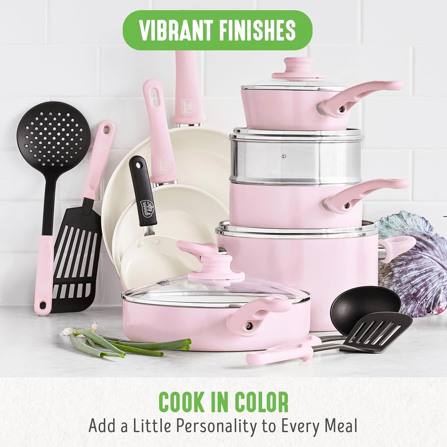 GreenLife 16 Piece Nonstick Cookware Set, Soft Grip Non-Toxic PFAS-Free Ceramic Pots & Pans, Dishwasher & Oven Safe, Frying, Sauce, Saute, Utensils, Glass Lids, Stay-Cool Handles, Wobble Free, Pink
