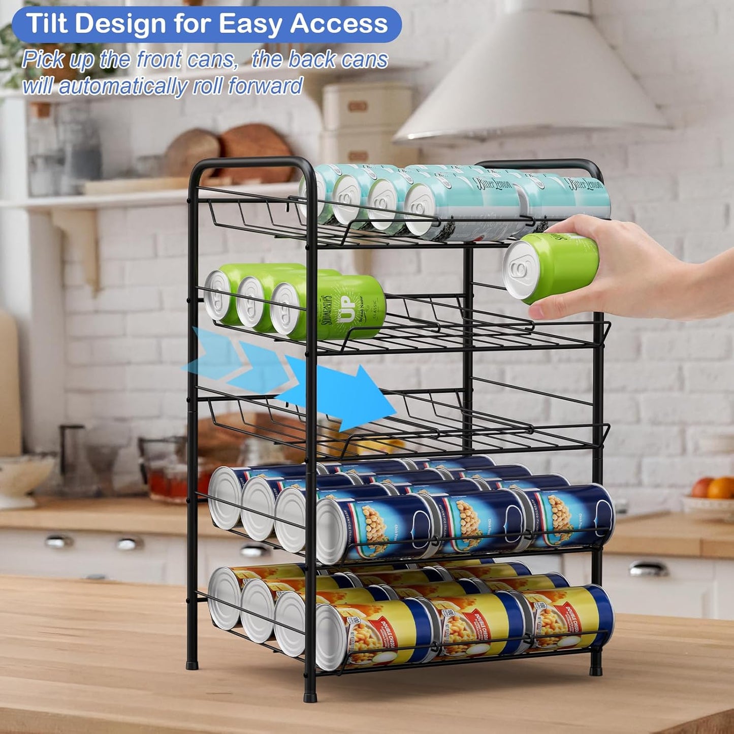 Vrisa 5 Tier Can Organizer for Pantry Can Holders 60 Cans Rack Canned Goods Organizer for Pantry Shelf Stackable Food Organizer Soda Vegetable Can Dispenser for Kitchen Cabinet, Black