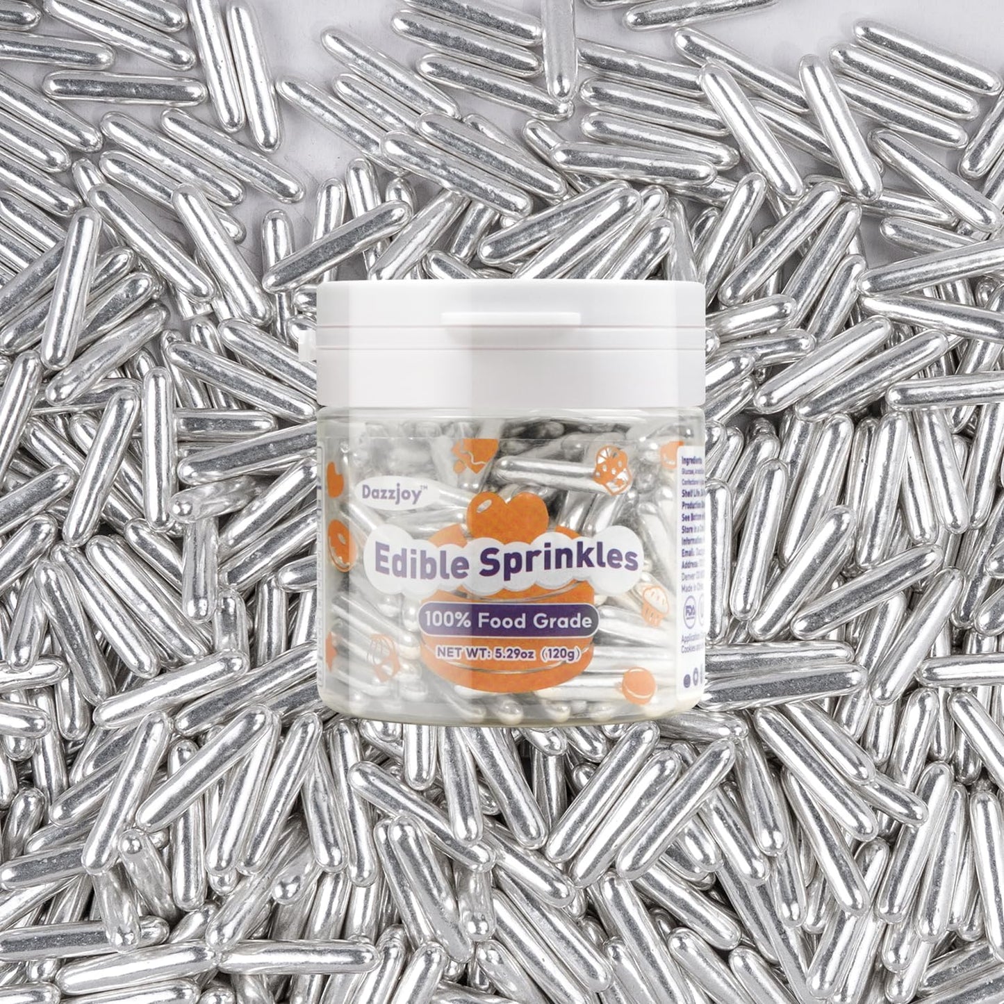 Dazzjoy Silver Rods Sprinkles, Edible Sugar Sprinkles, 120g/4.23oz, Cupcake Toppers, Cake Decorations, Ice Cream, Wedding Party Valentines Easter Supplies