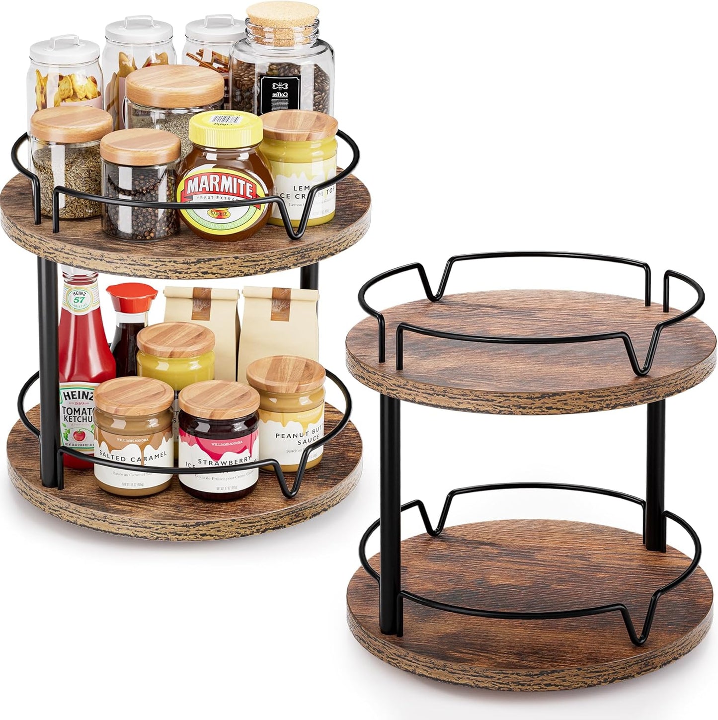 2 Pack 2 Tier Lazy Susan Organizer Wooden Rotating Spice Rack Spice Rack for Countertop 2 Tier Spice Turntable Organizer for Kitchen Countertop and Cabinet Compact and Versatile, Rustic Brown