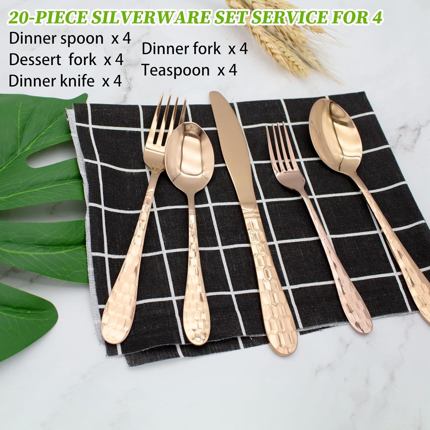 Hammered Silverware Set 20-Piece, 18/10 Stainless Steel Flatware Cutlery Silverware Set Service for 4, Unique Design Knife Fork Spoon Silverware Set, Mirror Polished,Dishwasher Safe (Rose Gold)