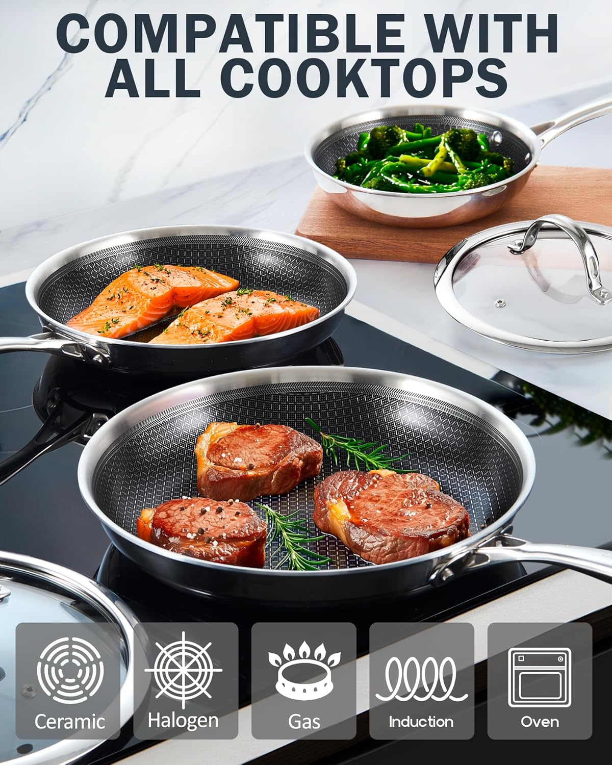 Cooks Standard Hybrid Nonstick Frying Pan, 12-Inch Skillet, Multi-Ply Clad Stainless Steel Fry Pan with Tempered Glass Lids, Oven Safe, Compatible with All Stovetops