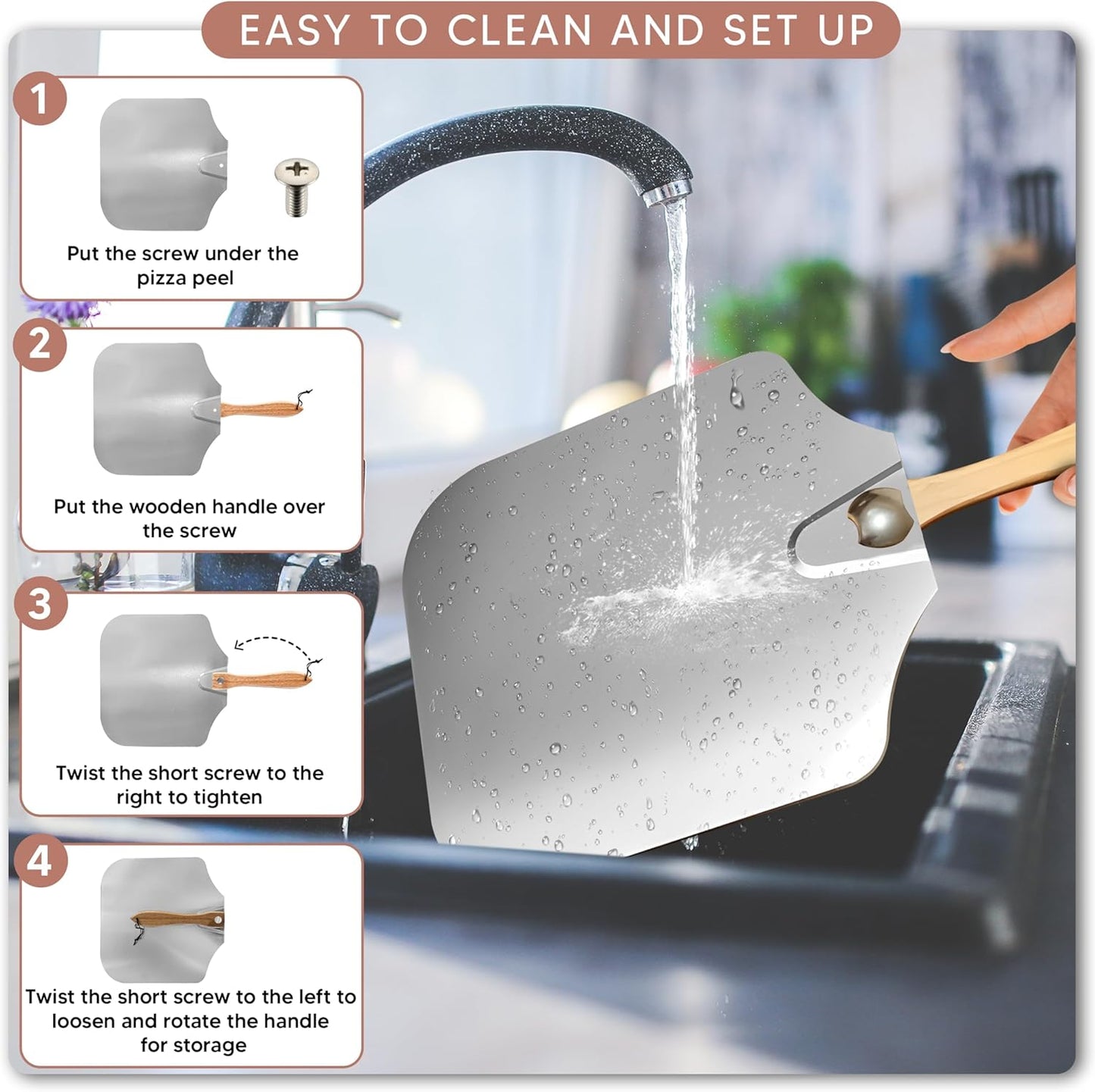 Pizza Peel 16 inch,16" Wx 18" L, Aluminum pizza peel with Foldable Wood Handle and Storage Bag, Non-perforated