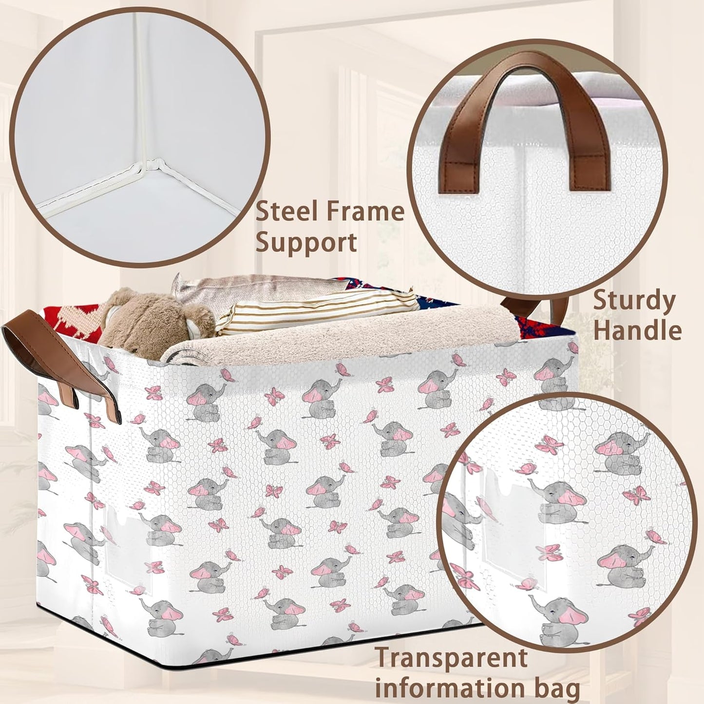 Foldable Collapsible Storage Bin with Elephant & Butterfly Pattern-17x11.5x10.5 Inch Organizer Basket for Nursery, Kids Room, Closet, Toy Storage-Single Pack, Space-Saving Home Decor
