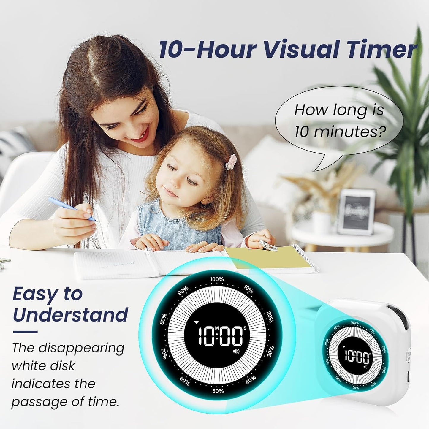Visual Timer for Kids, 10 Hours Countdown/Up, with Rechargeable, 3 Brightness Display, 3 Volume Levels and Magnetic, Homeschool Study Tool, Large Digital Timers for Kitchen, Classroom
