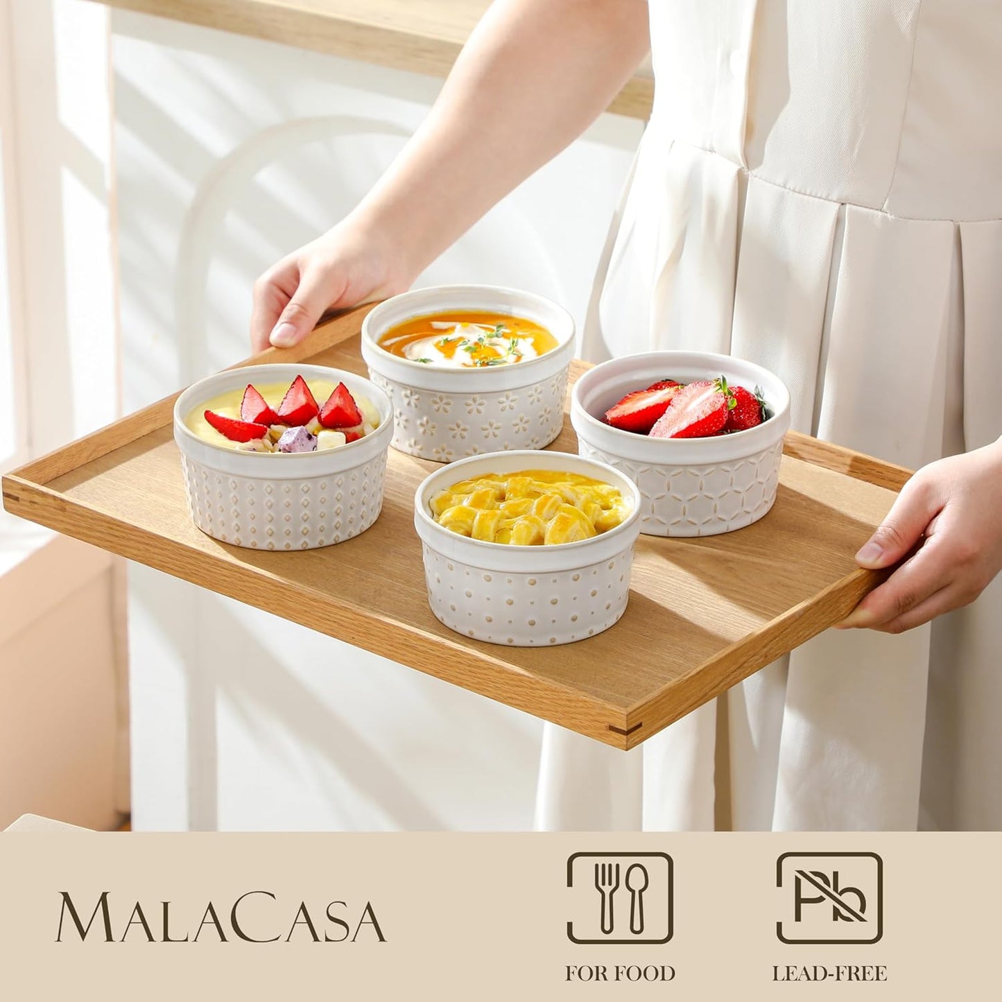 MALACASA Ramekins 8 Oz Oven Safe, Ceramic Creme Brulee Souffle Dishes, Pudding Custard Cups Ramekin For Baking, Small Dipping Sauce Bowls, Set of 4, Microwave and Dishwasher Safe, Arctic White