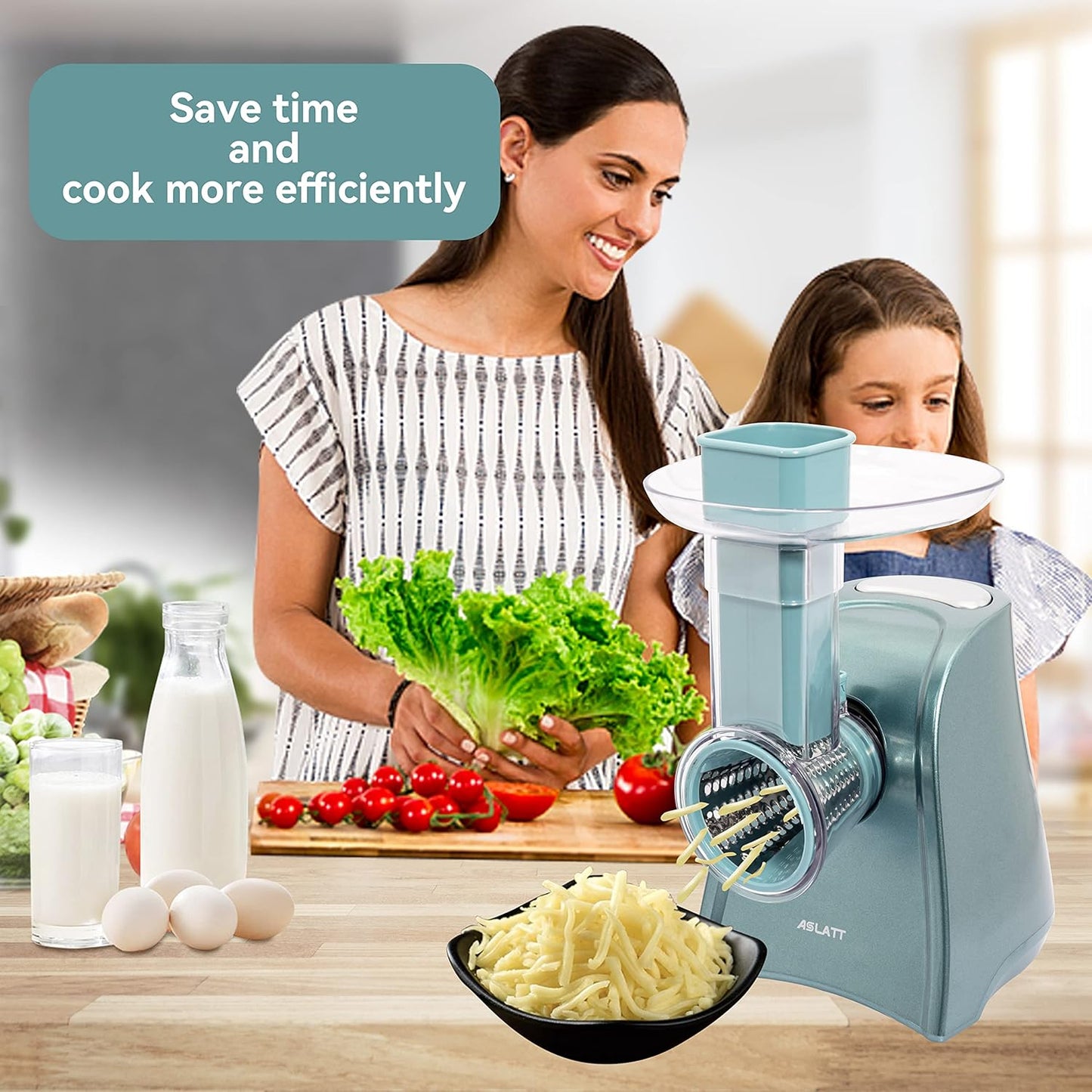 One-Touch Control Cheese Grater Machine - Electric Shredder for Vegetables, Fruits, Potato - Salad Maker with 5 Free Attachments, Green