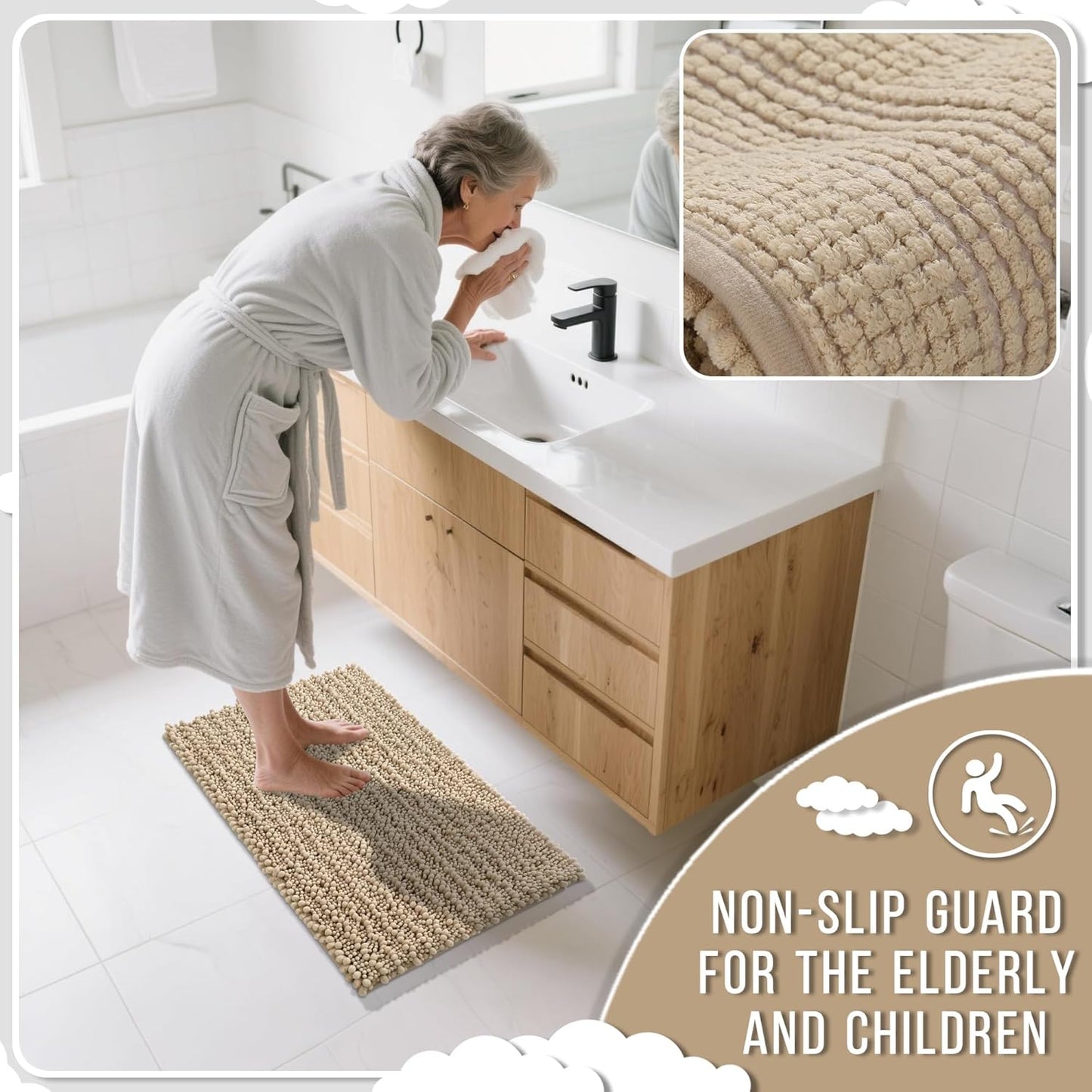 Yimobra Bathroom Runner Rug 60x24 Inch - Extra Long Non Slip Chenille Bath Mat, Soft & Absorbent, Machine Washable Shaggy Hallway Carpet for Vanity Tub Shower, Pale Khaki Home Decor Accessories