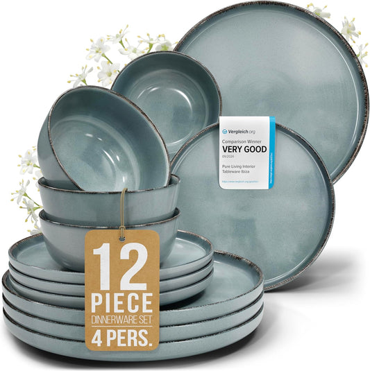 Stoneware dinnerware set 4 persons Rustic 12 pcs - Rustic design dinnerware set, dishwasher safe - Bowl and plate set - Pure Living dinnerware in smoky blue…