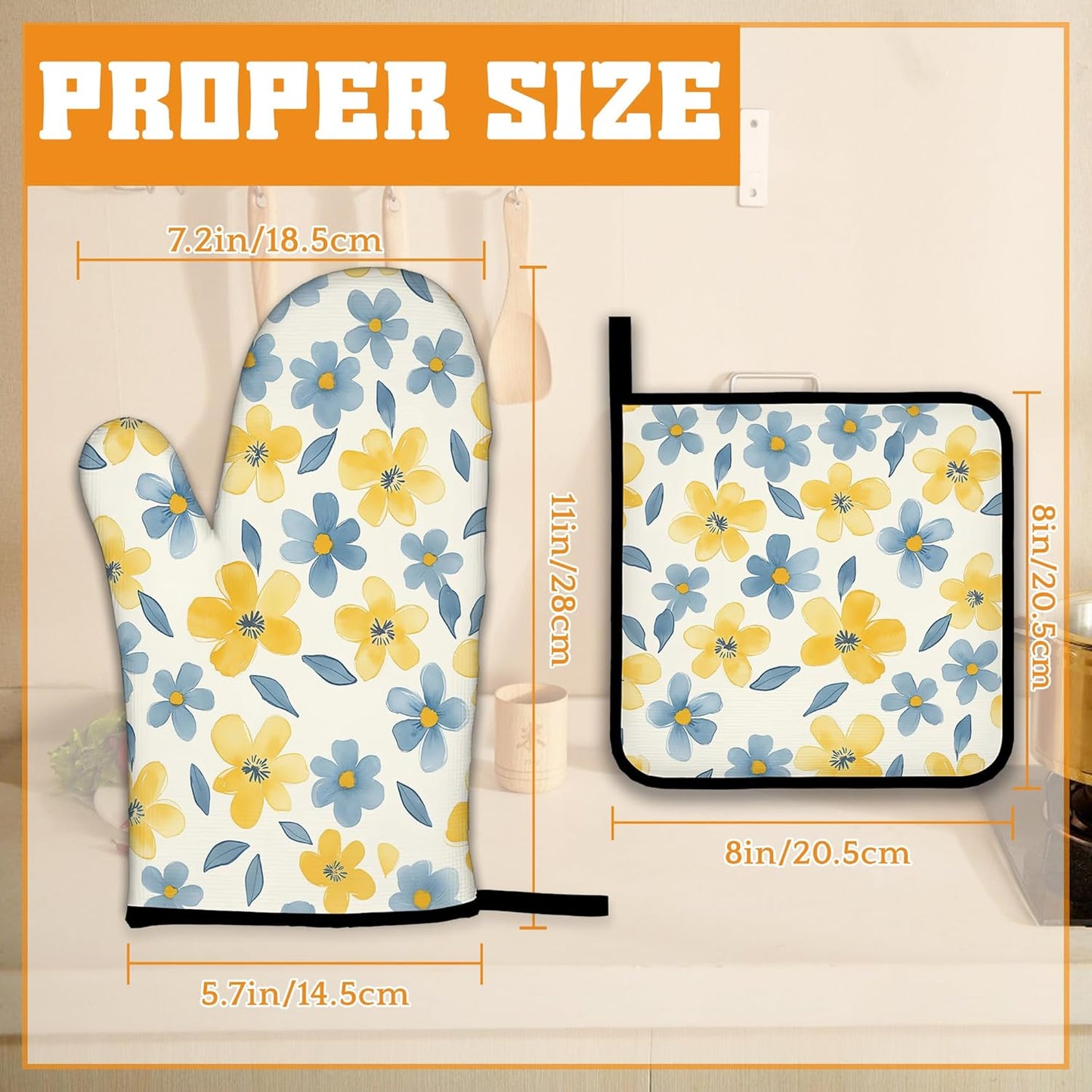Cute Floral Oven Mitts and Pot Holders,Yellow Blue Flower Heat Resistant Oven Mitts Gloves and Pot Holder for Home Kitchen Decorations Cooking Baking BBQ Gifts,Set of 4
