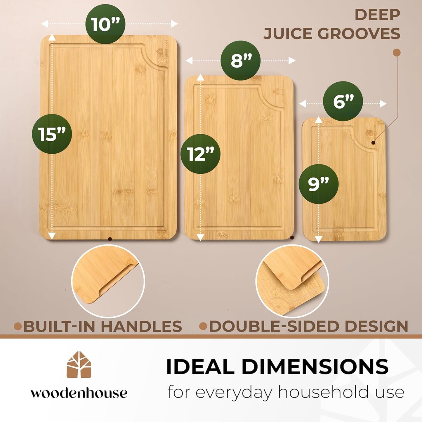 Bamboo Cutting Board Set of 3 - Thick & Durable Wood Cutting Boards with Deep Juice Grooves & Build-in Handles, Large Surface, Easy to Clean – for Meat, Vegetables and Fruits
