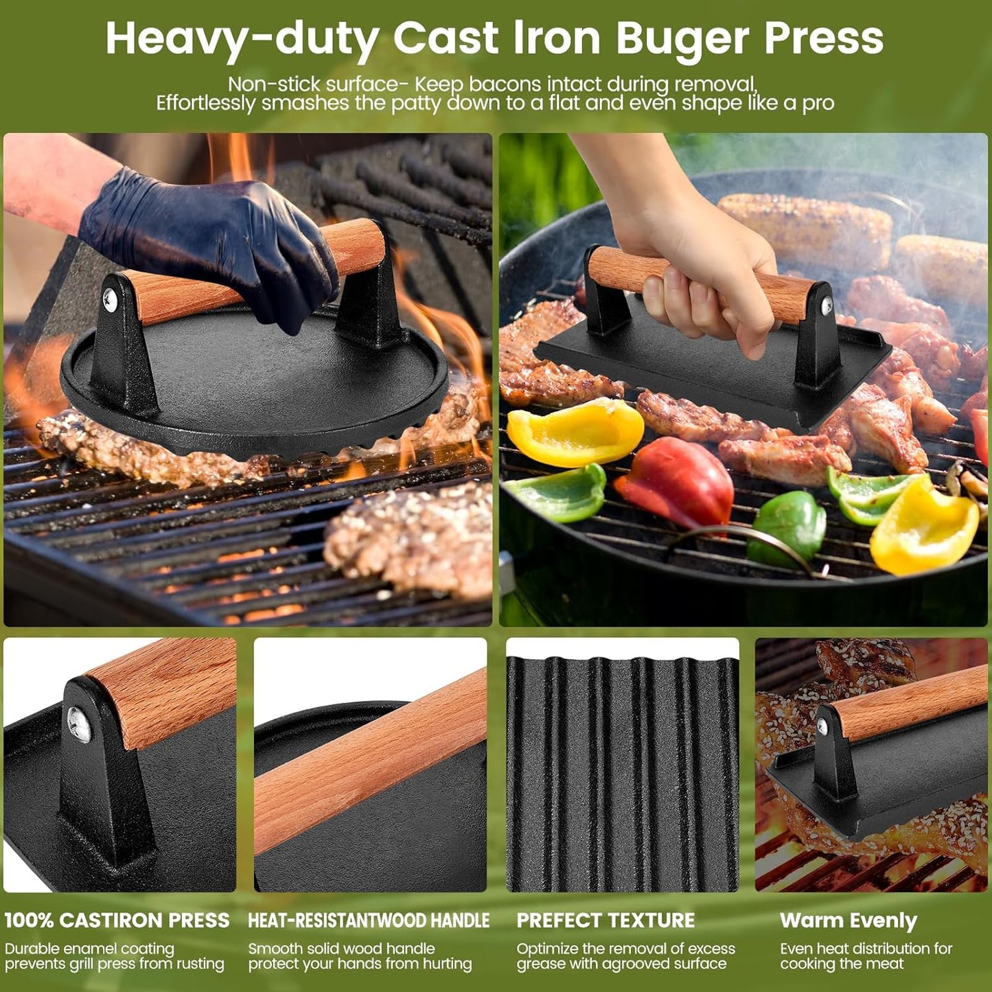 Blackstone Burger Press Set - 7" Round smash burger press & 8.3"x4.3" Rectangle Cast Iron Grill Press with Wooden Handle - Smasher is perfect for Blackstone Griddle, Pitboss Weber Griddle Grills