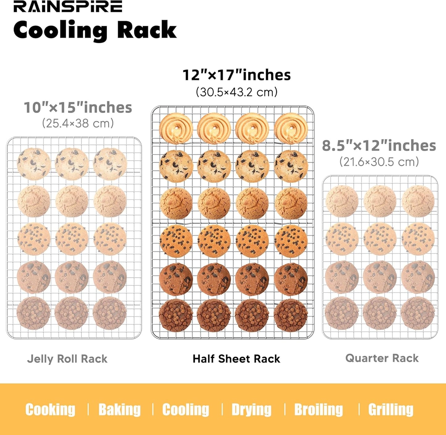 Rainspire Cooling Rack Stainless Steel, Heavy Duty Cooling Racks for Cooking and Baking, Oven Safe Wire Rack for Cooking, Baking Rack for Oven Cooking Fits Half Sheet Cookie Pan, 12" x 17", 2-Pack