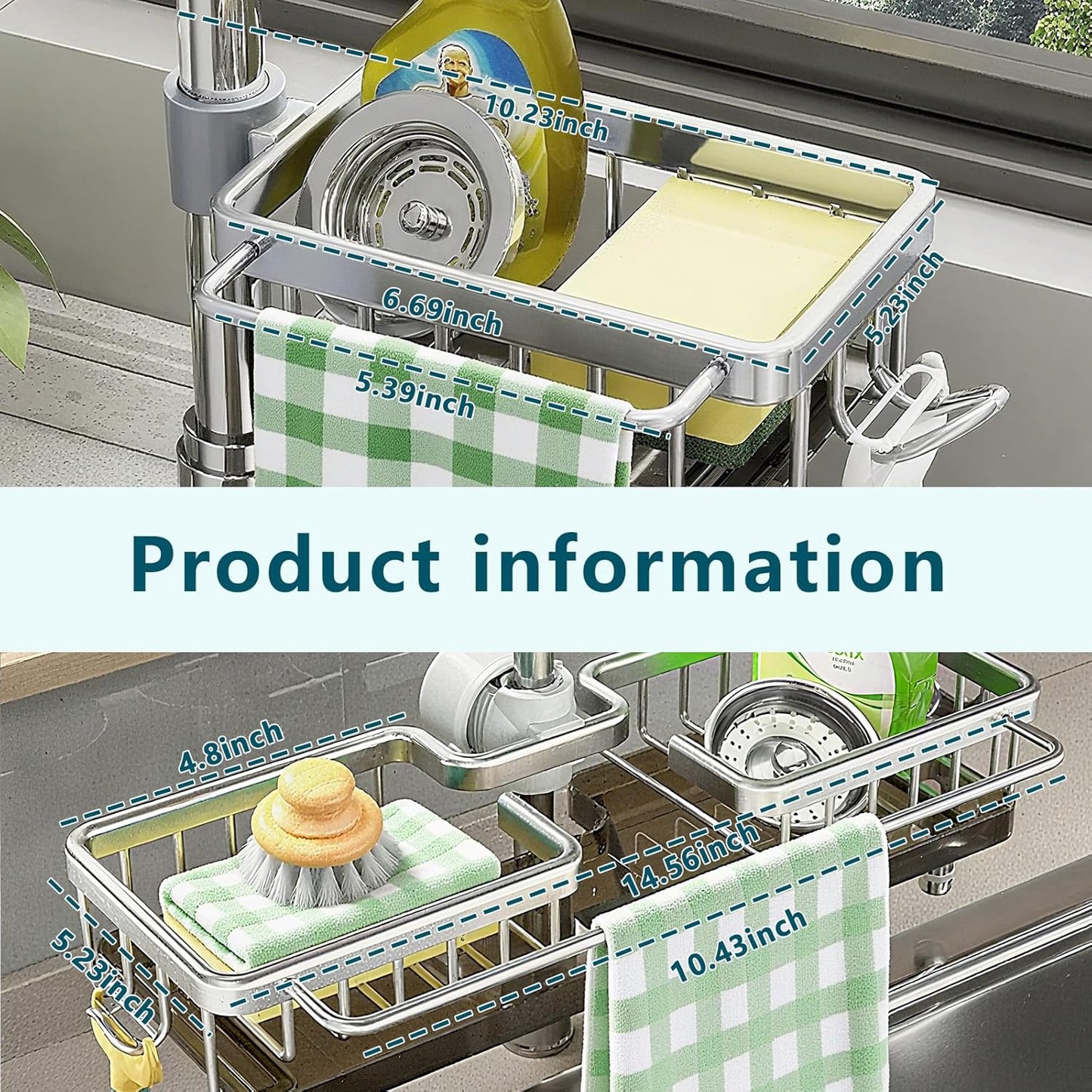 Sink Faucet Organizer Sponge Holder, Over Faucet Sink for 0.7-1.1" Round Water Pipe, Rustproof Caddy Rack, Adjustable Storage Shelf for Kitchen, Bathroom (Right Silver)