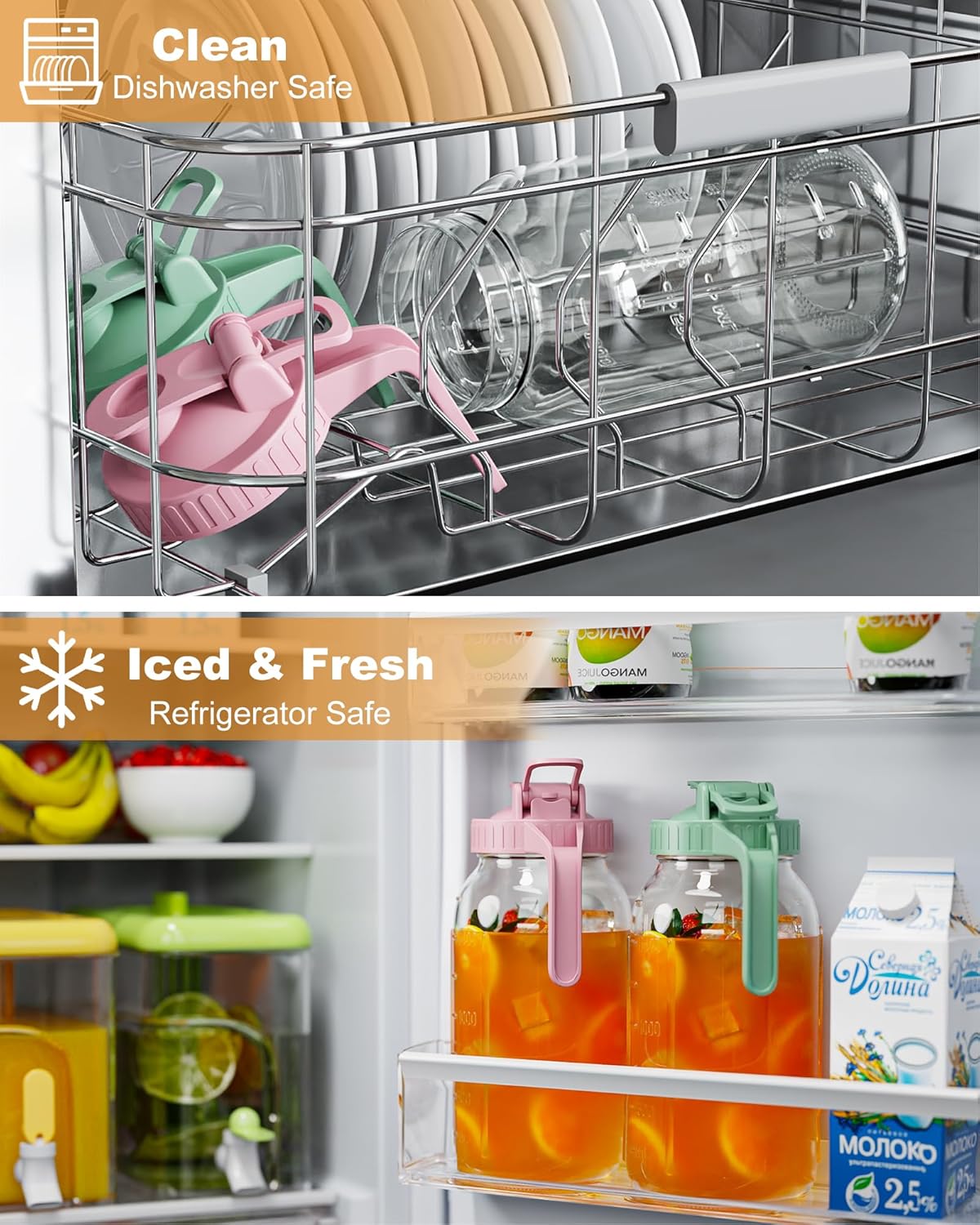 | 2 Pack | 64oz Glass Pitcher with Lid and Spout, 2 Quart (1.9 Liter) Mason Jar Pitcher Wide Mouth, Airtight Water Jug for Juice, Sun Tea, Iced Coffee, Milk Storage, Pink & Green