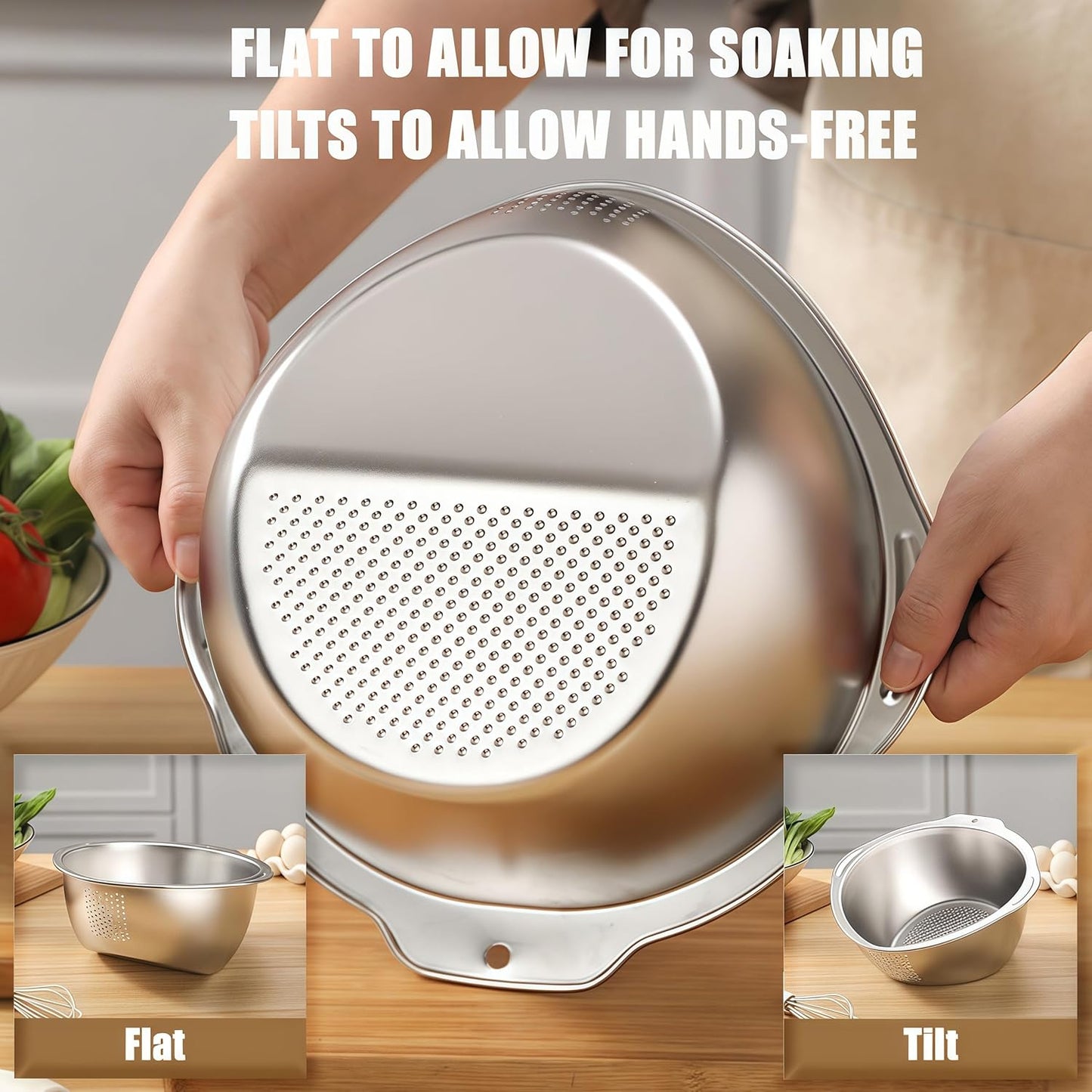 Rice Washer Strainer Bowl Quinoa Washing Bowl Stainless Steel Colander Versatile Side Drainers for Cleaning Rinsing Fruits, Vegetables, and Beans - Multifunctional Drain Basket