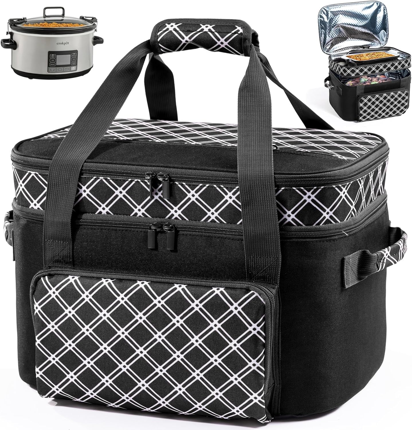 Double Layer Slow Cooker Carrier Bag – Fits 6–8 Qt Oval Slow Cooker Compatible with CrockPot & Hamilton Beach | Insulated Travel Tote with Utensil Storage & Adjustable Straps