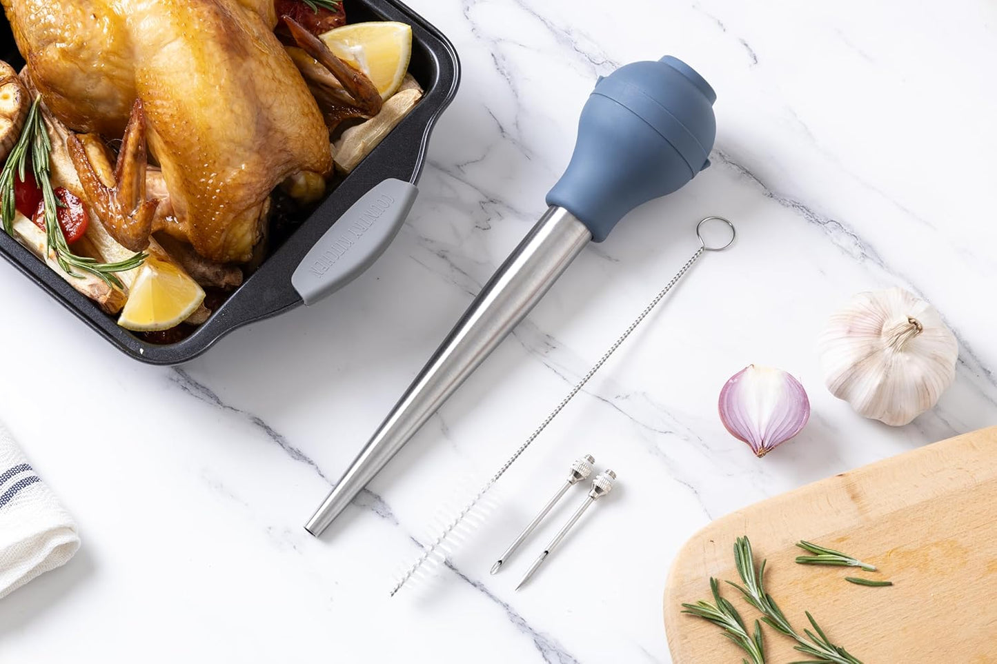 COOK WITH COLOR Turkey Baster with Cleaning Brush - Food Grade Syringe Baster For Cooking, Deluxe Set, Blue