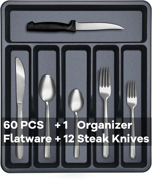 Pleafind 73-Piece Silverware Set with Organizer, Stainless Steel Silverware Sets for 12, Cutlery Utensil Sets with Steak Knives, Include Forks Spoons Knives ＆ Silverware Organizer, Dishwasher Safe
