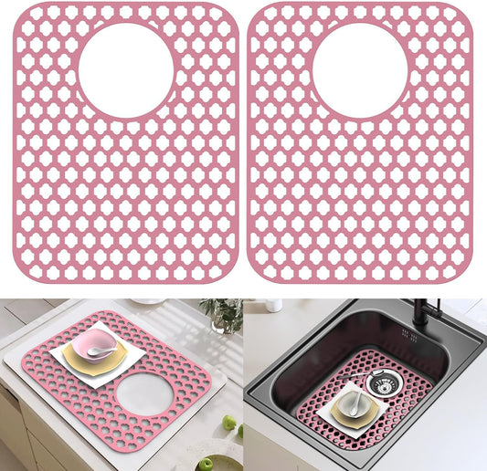 2 Pack Silicone Sink Protector for Kitchen Sink Bathroom, 13.58"x 11.6" Sink Mat Non-Slip and Durable Silicone Protectors, Rear Drain, Pink