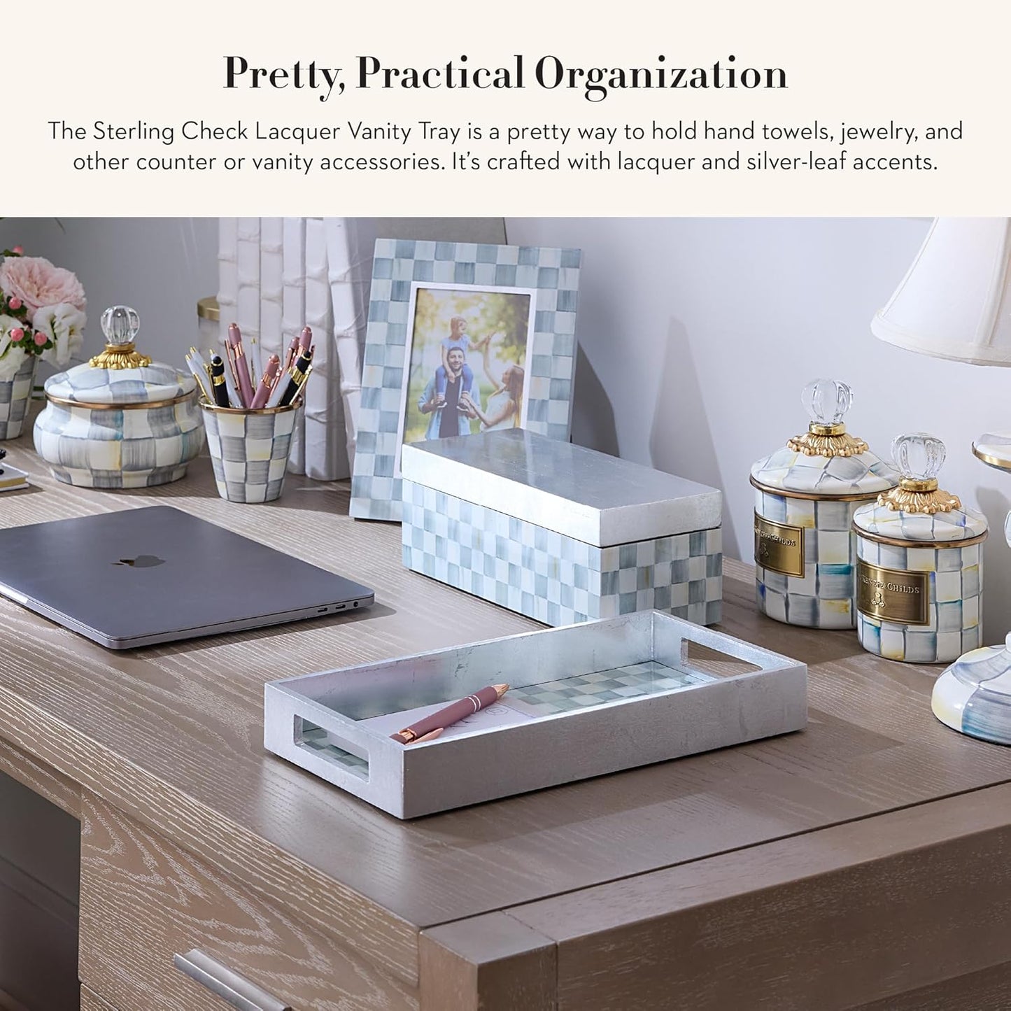MACKENZIE-CHILDS Lacquer Vanity Tray with Handles, Rectangular Tray for Dresser and Home Decor, Gray-and-White Sterling Check