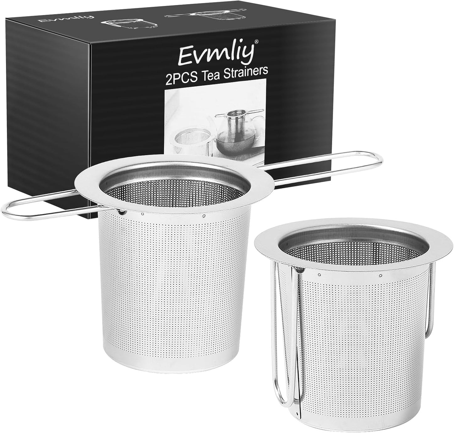 2Pack Tea Strainer, Stainless Steel Tea Infuser Basket Sitting in Mugs, Evmliy Tea Infusers for Loose Tea, Fine Mesh Tea Diffuser Long-Handled Tea Strainers Filters, Tea Steeper for Leaf (2Pack)