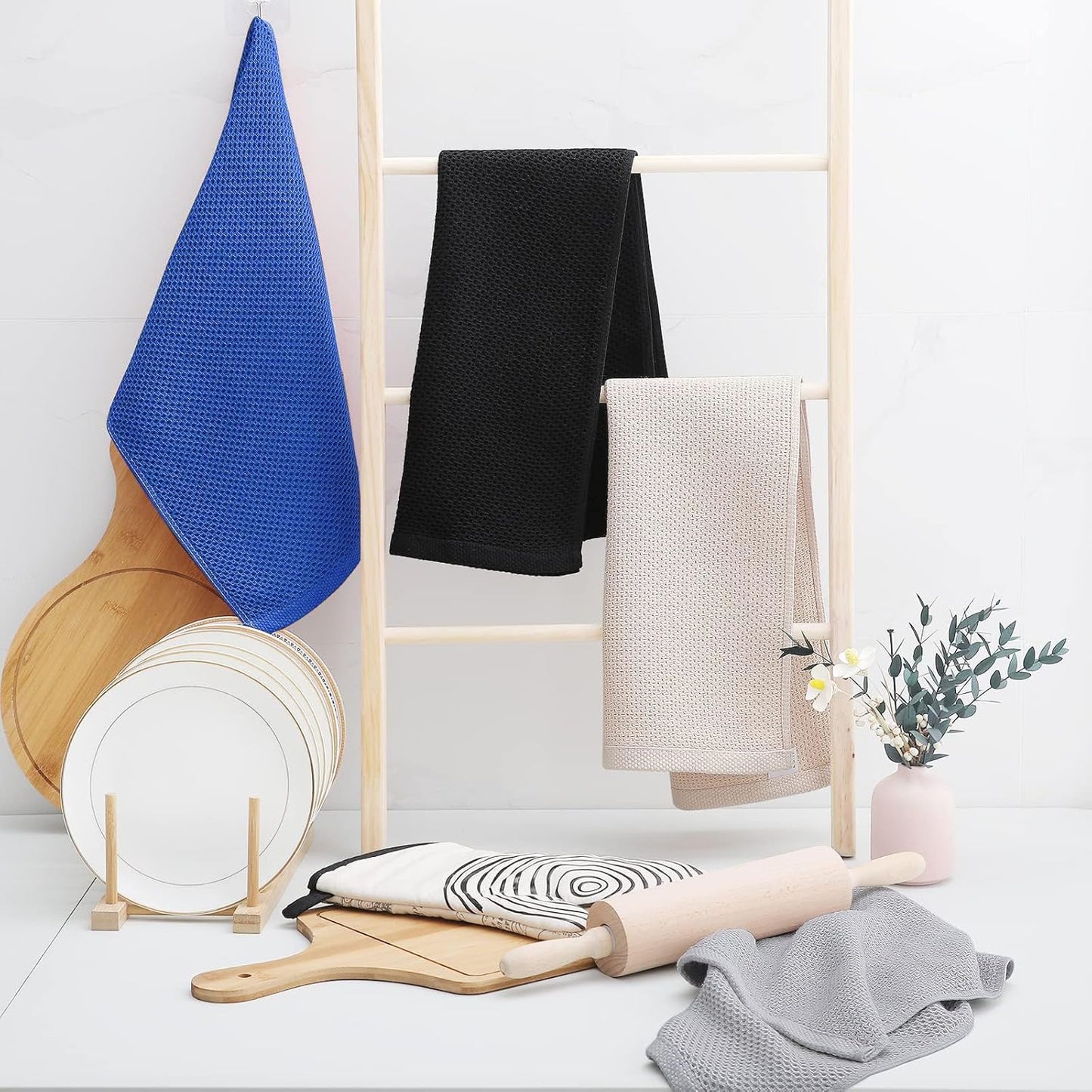 Homaxy 100% Cotton Waffle Weave Kitchen Dish Towels, Ultra Soft Absorbent Quick Drying Cleaning Towel, 13 x 28 Inches, 12-Pack, Blueberry