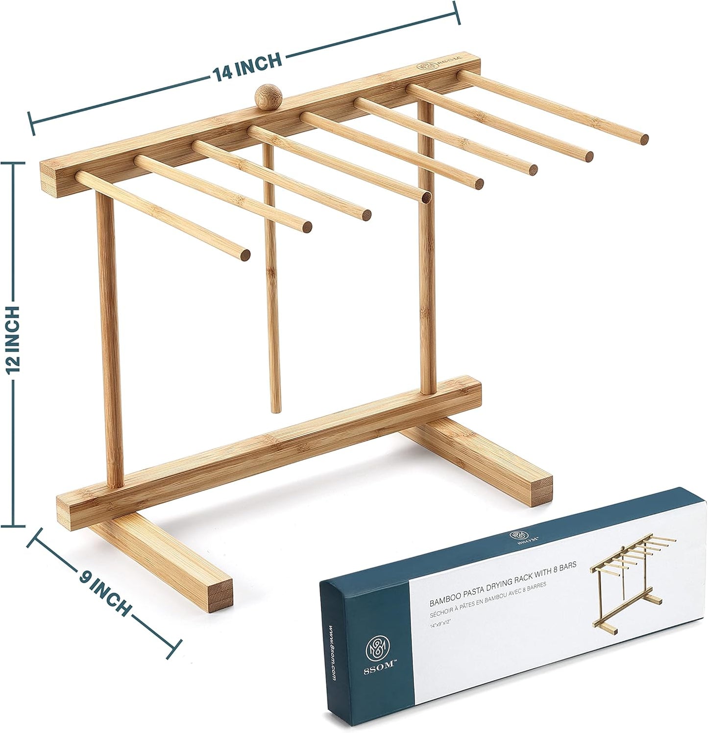 Bamboo Pasta Drying Rack with 8 Bars and Transfer Wand, Easy to Transfer for Drying Pasta and Cooking, Special Suspension Design for Large Storage, Gift for House Warming