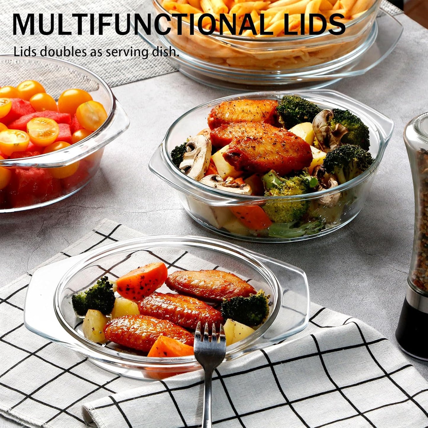 ZYER Round Glass Casserole Dish Set, Glass Casseroles with Lid (Set of 3-1L, 1.4L, 1.7L)