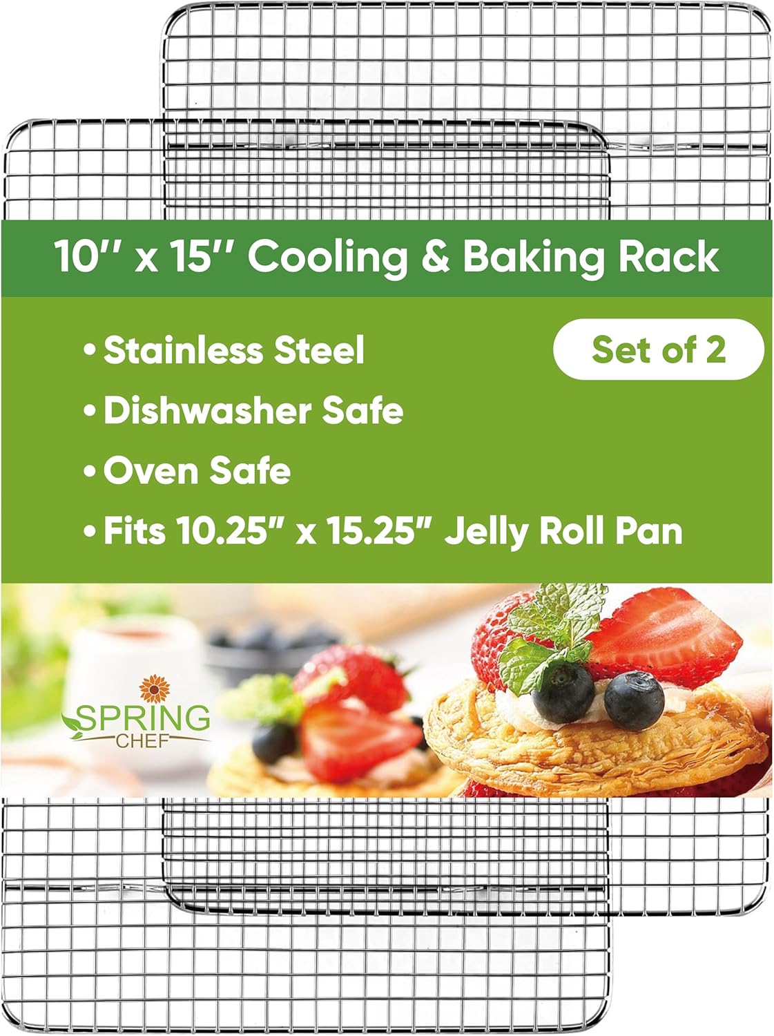 Spring Chef 10" x 15" Stainless Steel Cooling Racks for Baking - Oven Safe - Cookie Racks for Cooling Cookies - Fits Jelly Roll Pan - Perfect for Grilling, Roasting, Cooking, Drying - Set of 2