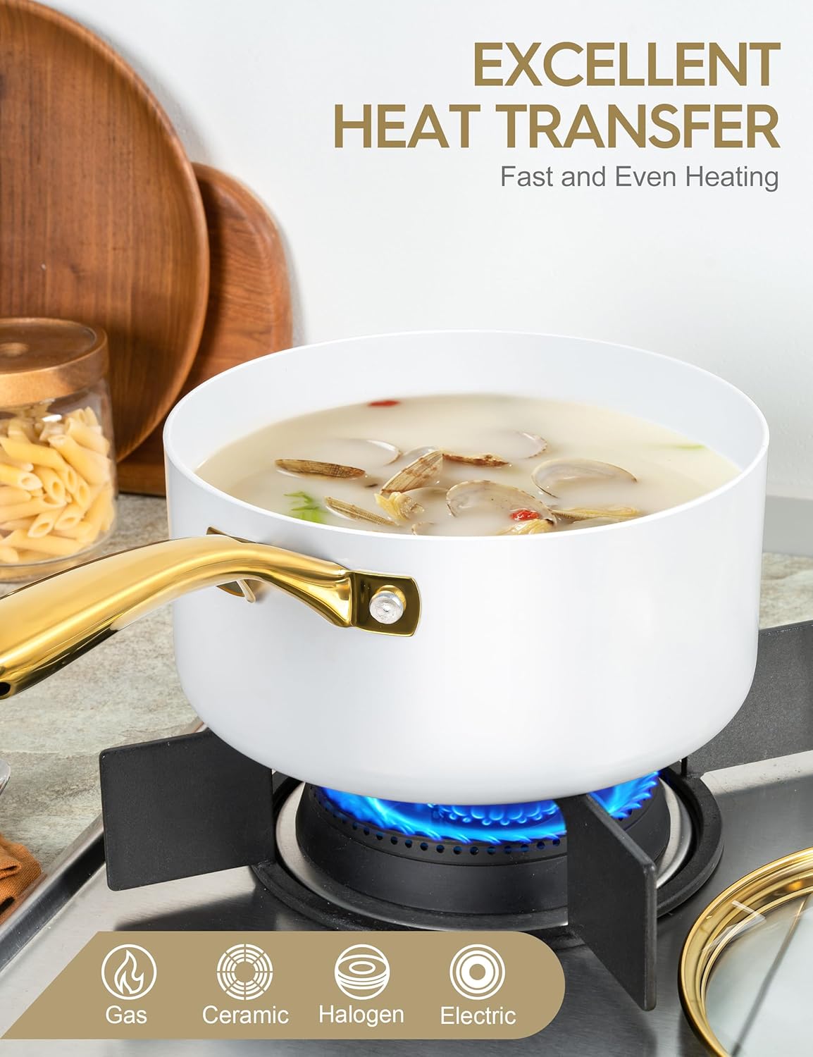 MICHELANGELO 1 Quart Nonstick Saucepan with Lid, Non-Toxic Ceramic Sauce Pan with Ergonomic Handle, 1 Qt Small Pot, Oven-Safe, White