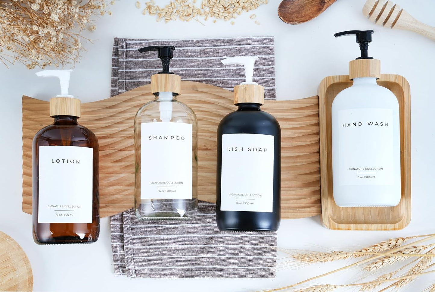 Emerson Soap Dispenser, Dish Soap Dispenser for Kitchen, Soap Dispenser Bathroom Set - Hand Soap Dispenser, Kitchen Soap Dispenser Set, Glass Soap Dispenser with Pump and Labels, 16 Oz | 2-Pack