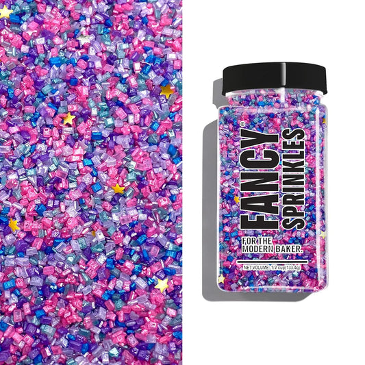 Fancy Sprinkles Chromatica Fancy Sugar Pearlescent Hot Pink, Blue, Purple, White, and Teal Sugar Crystals Flecked with Silver and Gold Mini Edible Glitter Stars (4 OZ)