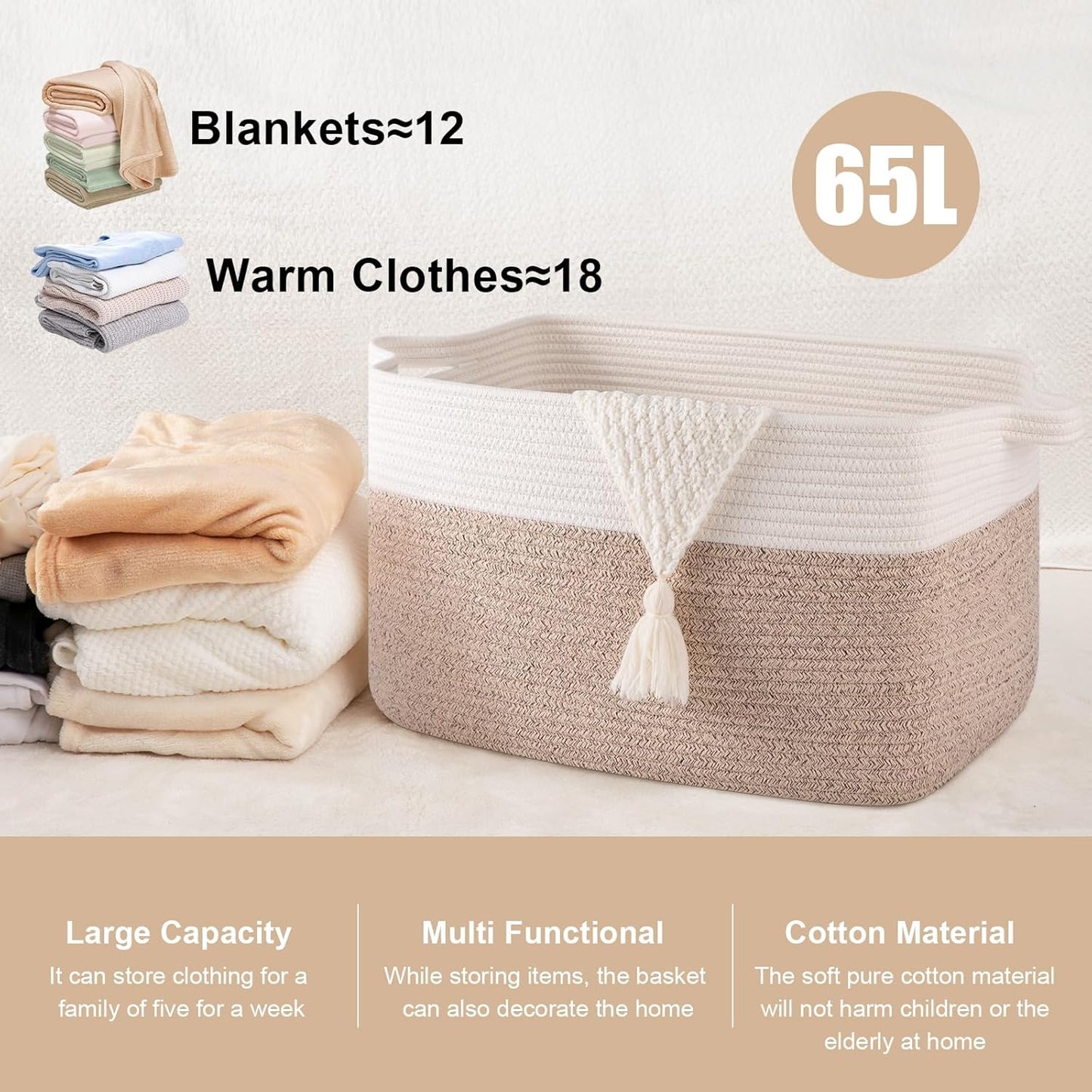 65L Large Storage Basket, Cotton Rope Woven Blanket Basket, Toy Storage for Baby Room, Living Room, Brown & White