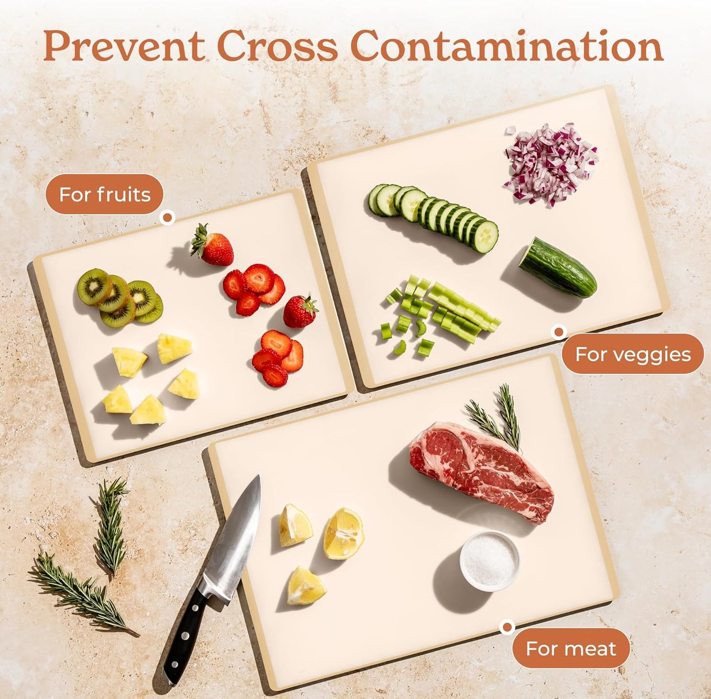 SMIRLY Plastic Cutting Board Set with Holder 4 Pieces, Non-Slip Dishwasher Safe Chopping Boards for Kitchen, Cream White