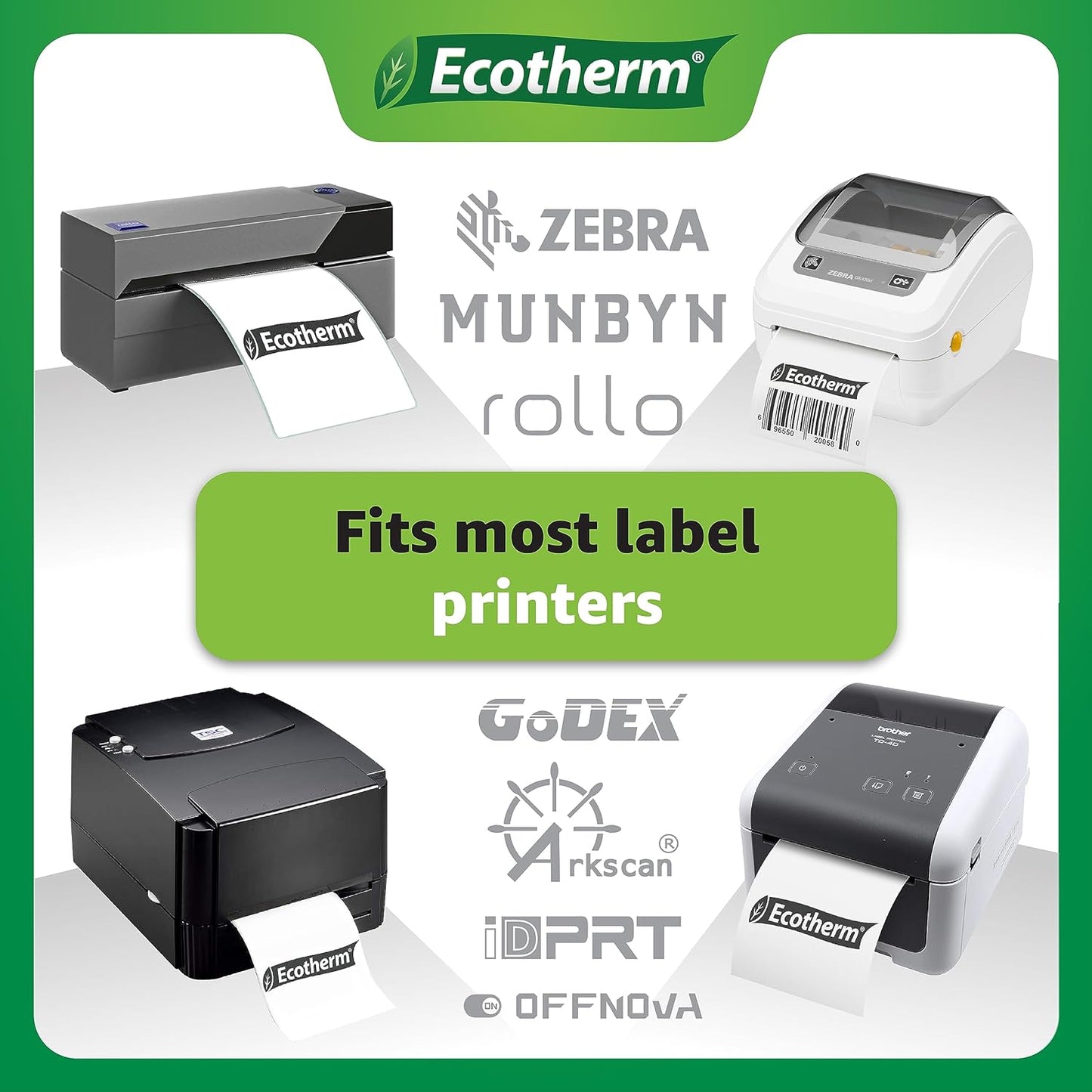2.25" x 3" Thermal Labels | 4 Rolls | 2100 Labels | fits Zebra, Munbyn, Rollo, Godex, Arkscan, iDPRT, Offnova Thermal Label Printers and More | Blank White Adhesive Stickers by Ecotherm