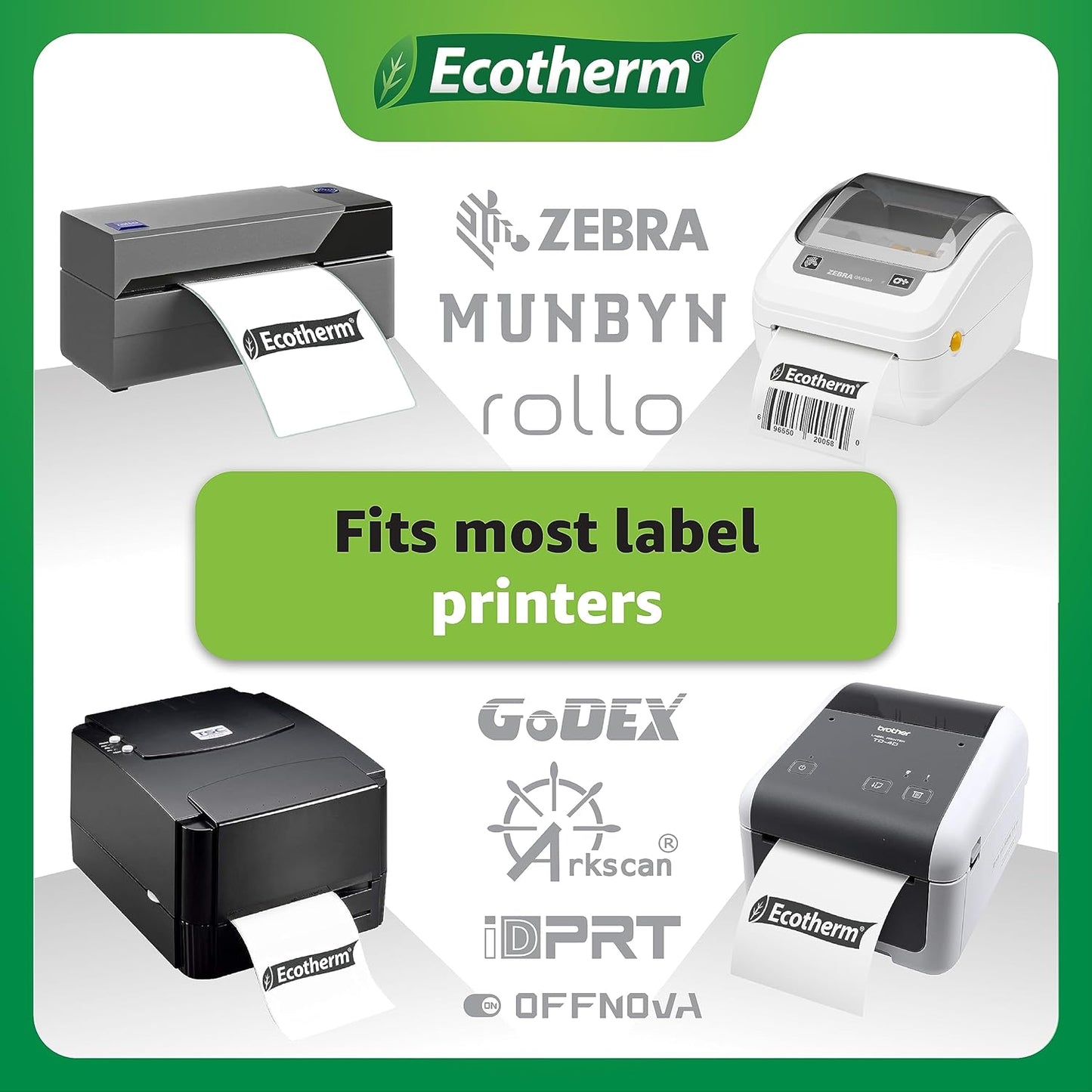 4" x 3" Thermal Labels | 6 Rolls | 5580 Labels | fits Zebra, Munbyn, Rollo, Godex, Arkscan, iDPRT, Offnova Thermal Label Printers and More | Blank White Adhesive Stickers by Ecotherm
