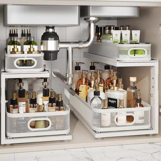 2 Pack 21IN-Depth Under Sink Organizer With Next-Gen Ball-Bearing Slides,2-Tier Precision Mesh Pull Out Cabinet Storage for Bathroom&Kitchen,Height Adjustable Drawers Shelf,Anti-rust-White