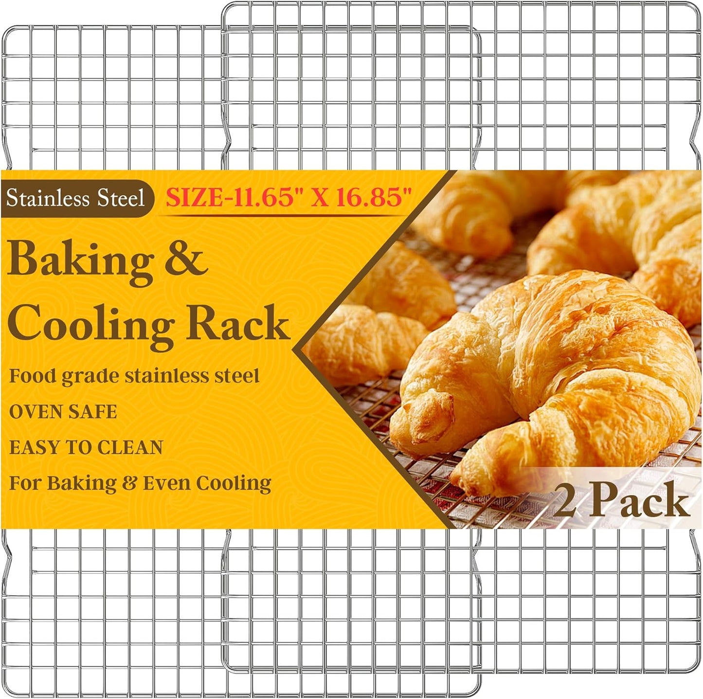 2PCS Cooling Racks for Cooking and Baking -11.65''x16.85''Heavy Duty Stainless Steel Wire Rack for Baking, Grilling, Roasting - Oven & Dishwasher Safe - Fits Half Sheet Pan（Silver）