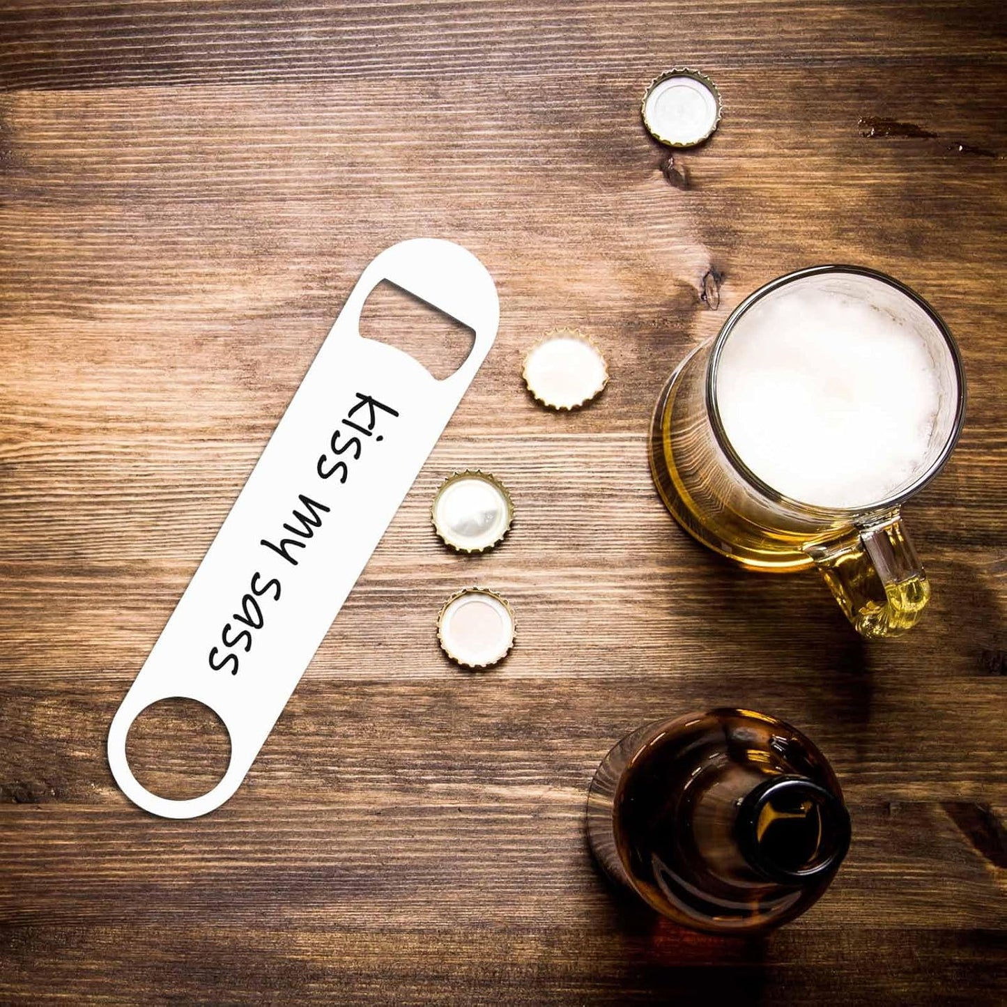 Funny Saying Stainless Steel Bottle Opener Kiss My Sass Flat Beer Bottle Opener Keychain for Home Kitchen Bar Restaurant Party Birthday Gift