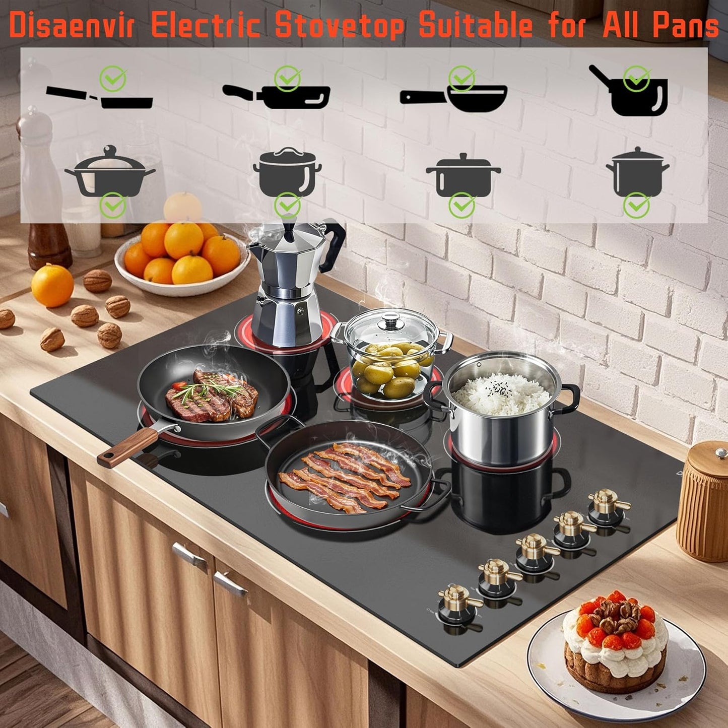 Electric Cooktop 36 Inch - 5 Burner Electric Stove Top with 8400W, 36 Inches Built-in Ceramic Stove with Two Dual Rings, Overheat Indicator, Knob Control, 220V - 240V Hard Wired (No Plug)
