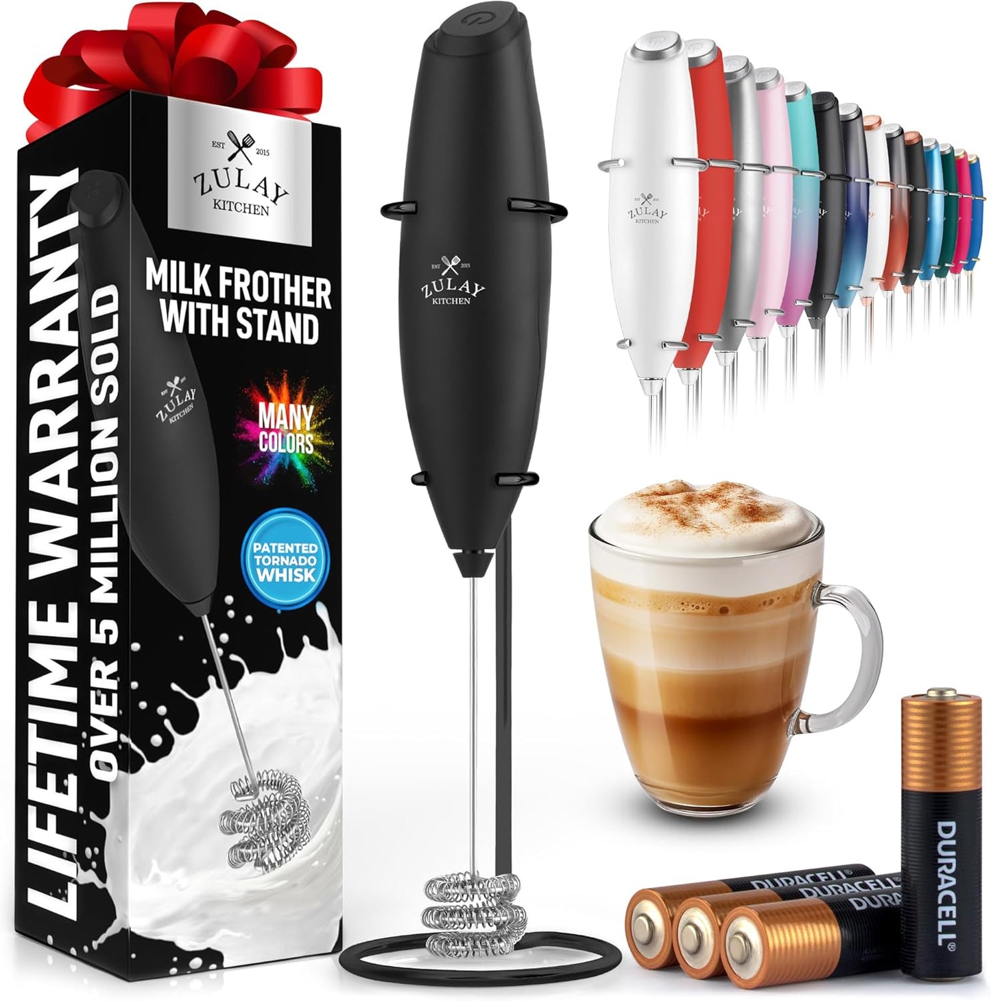 Zulay Kitchen Patented Tornado Triple Whisk Milk Frother with 4 Duracell Batteries – Handheld Foam Maker for Coffee, Lattes, Matcha & Hot Chocolate – Rich, Creamy Froth in Seconds