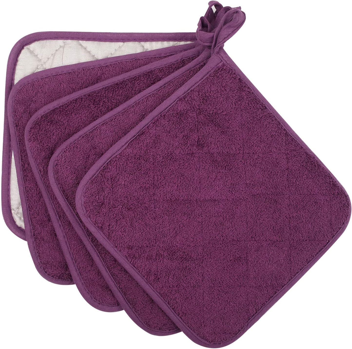 100% Cotton Kitchen Everyday Basic Terry Pot Holder Heat Resistant Coaster Potholder for Cooking and Baking Set of 5 Grape