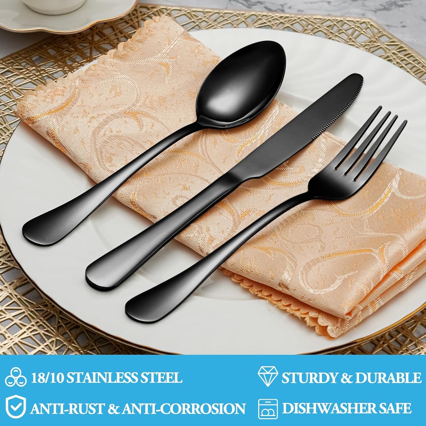 40 Pcs Black Silverware Set, Stainless Steel Flatware Set Service for 8, Mirror Polished Cutlery Utensil Set, Durable Home Kitchen Eating Tableware Set, Include Fork Knife Spoon Set, Dishwasher Safe